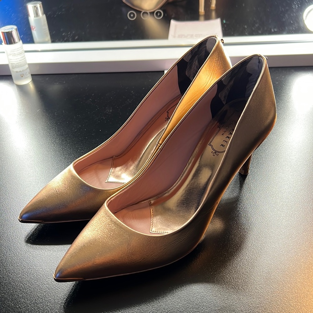 Ted Baker Metallic Gold Pointed-Toe Kitten Heel Pumps